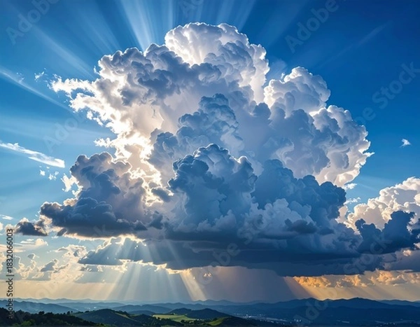 Obraz Majestic Cumulonimbus Cloudscape with Sun Rays and Atmospheric Perspective.