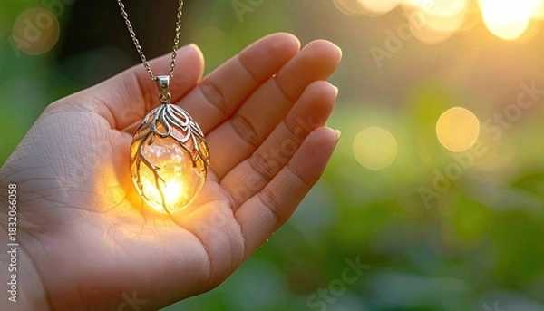 Obraz Hand holding luminous orange gemstone pendant necklace with intricate silver metalwork glowing warmly in golden sunlight against soft green bokeh background outdoors