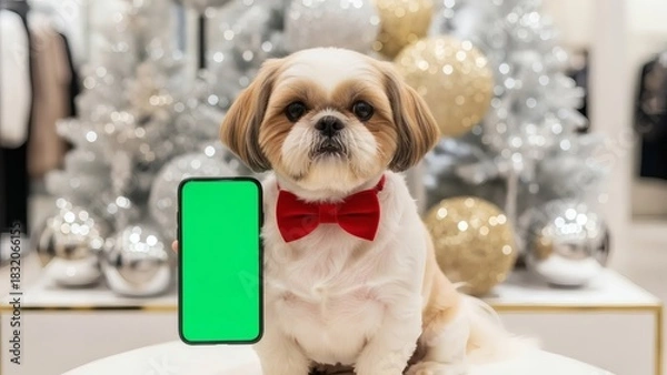 Fototapeta Festive Shih Tzu with a Red Bow Tie Holding a Green Screen Smartphone Near Christmas Ornaments