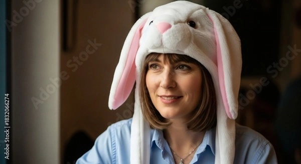 Fototapeta Playful Portrait Woman Adorned in a Whimsical Bunny Hat in a Cheerful Composition
