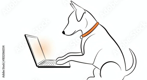 Fototapeta Illustration of a dog wearing a collar typing on a laptop with a glowing screen