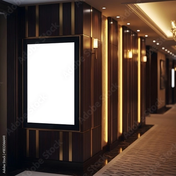 Fototapeta Blank vertical billboard mockup in a luxurious hotel corridor, ideal for modern advertising, branding, or informational content in an elegant interior