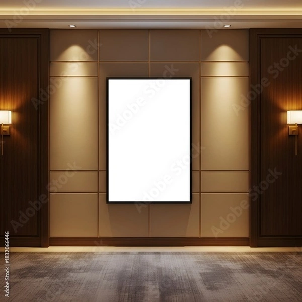 Fototapeta Blank frame on wall with modern lighting and wooden paneling - ideal for displaying artwork or advertisements