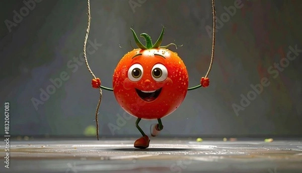 Obraz Happy Cartoon Tomato Character Joyfully Skipping Rope with Enthusiasm on a Textured Surface with Dramatic Lighting