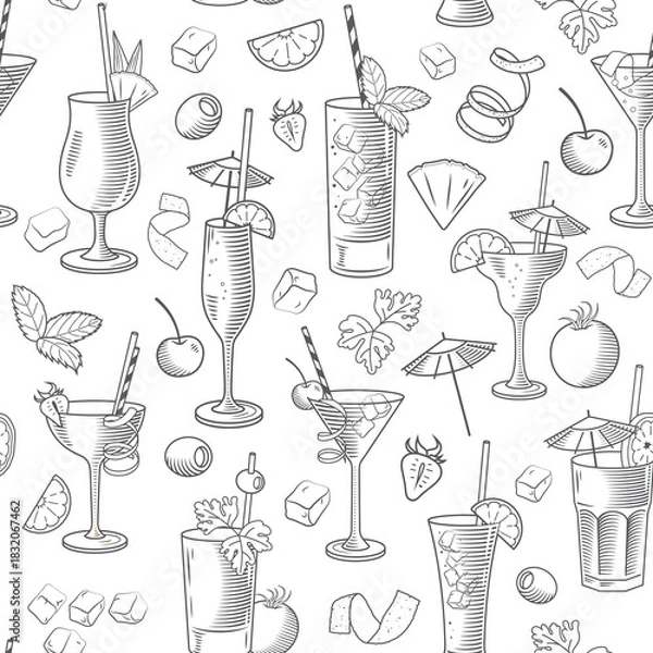 Obraz Seamless monochrome pattern with alcohol cocktails