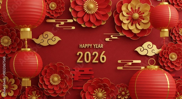 Obraz Festive new year greeting with lanterns and floral decorations