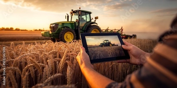 Obraz Farmer holding tablet in wheat field with tractor agriculture