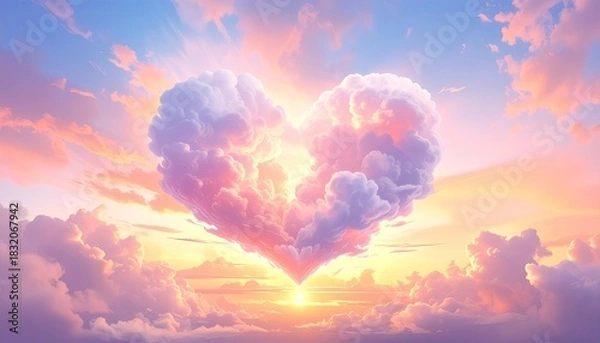 Obraz Heart Shaped Cloud Formation at Sunset with Golden Light and Pastel Sky in a Dreamy Atmosphere