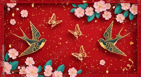 Obraz Elegant floral and bird composition with butterflies