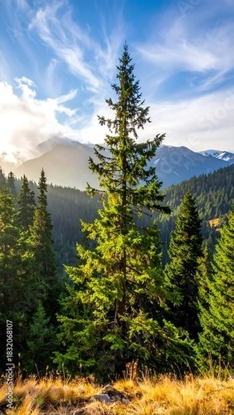 Obraz Majestic Evergreen Tree in a Mountain Landscape.