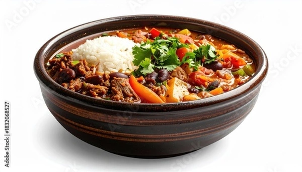Obraz Hearty Beef Chili Con Carne With Rice Cilantro And Spices In A Rustic Bowl With A White Background