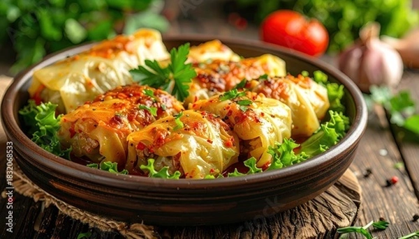 Obraz Hearty Cabbage Rolls Stuffed with Savory Filling Garnished with Fresh Parsley and Lettuce Served in Rustic Ceramic Bowl on Wooden Table with Tomatoes and Garlic in Background