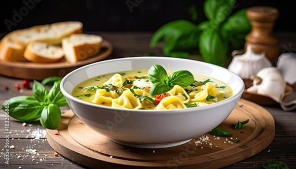 Obraz Hearty Tortellini Soup with Fresh Basil and Garlic on a Rustic Wooden Table with Sliced Bread