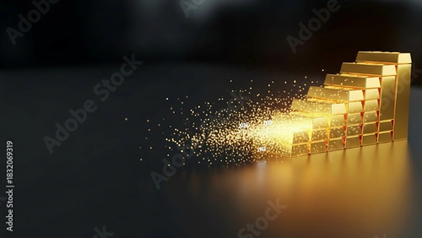 Obraz Stack of gold bars dissolving into glittering particles on a reflective surface