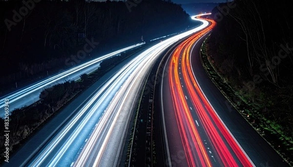 Obraz Highway at night with streaking red and white car lights creating abstract motion blur patterns against a dark sky and distant city lights.