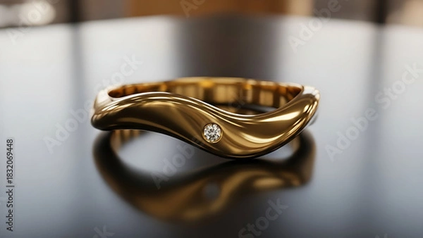 Obraz Elegant gold ring with diamond accent on reflective surface