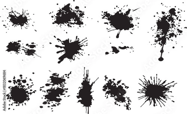 Obraz Black Ink Splatter and Paint Drip Grunge Elements Set, Vector Set of Abstract Ink Blobs, Paint Splashes, and Grunge Stains