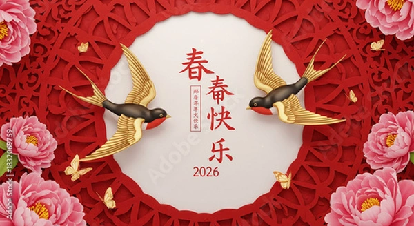 Obraz Festive design with swallows and floral elements