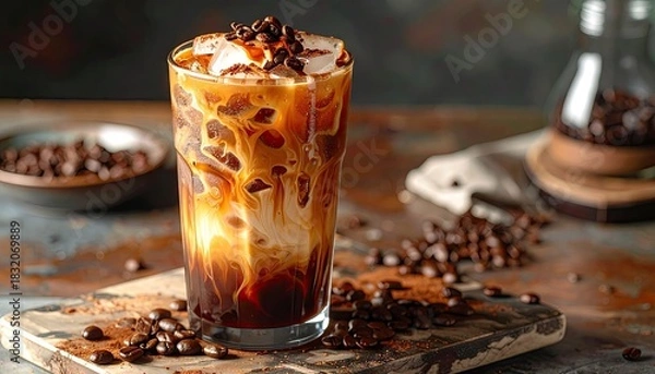 Obraz Iced Coffee Drink with Cream and Ice Cubes with Coffee Beans Scattered on Wooden Board and Dark Background