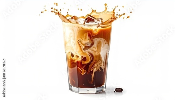 Obraz Iced coffee with cream splashing into a tall glass on a white background with a single coffee bean in the foreground studio shot with dramatic lighting