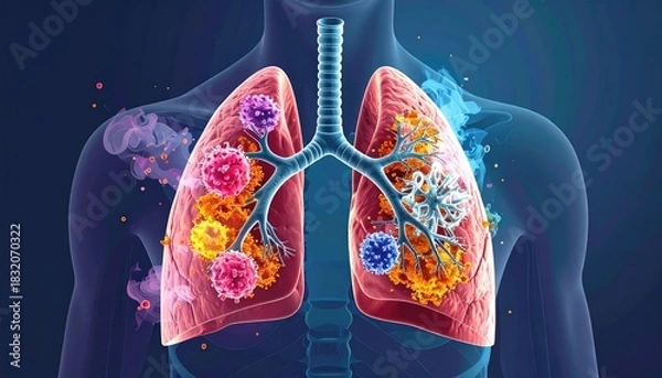 Obraz Human Respiratory System With Cancerous Tumors And Infections Glowing In Vivid Colors Against Dark Blue Background