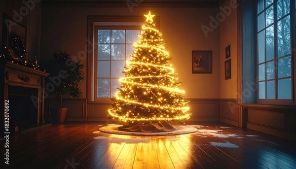 Obraz Illuminated Christmas Tree Adorned With Golden Lights Standing In A Cozy Room With Large Windows Showing A Winter Scene Outside And Sparkly Reflections On The Wooden Floor