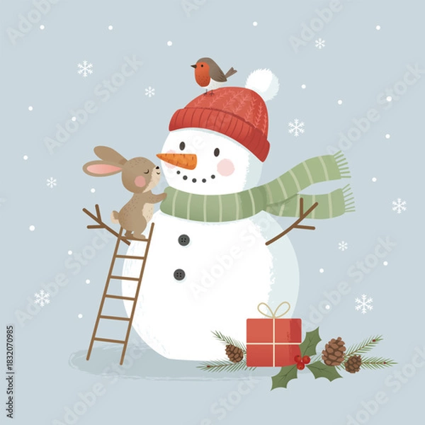 Fototapeta Cozy woodland snowman Christmas Scene