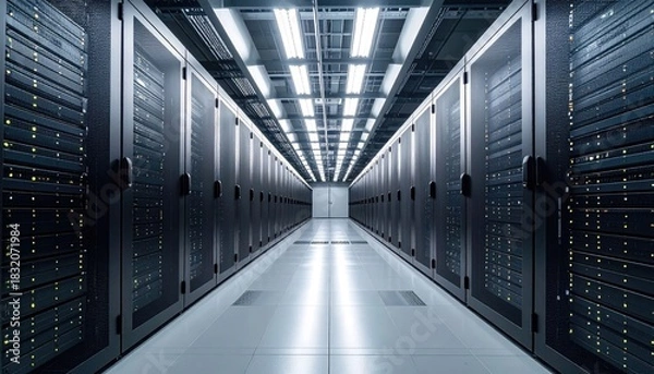 Obraz Illuminated Server Room Aisle With Racks Of Computers And Data Storage Equipment Under Bright Fluorescent Lights