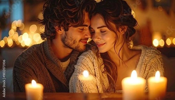 Obraz Intimate Couple Embracing by Candlelight with Soft Bokeh Lights Creating a Romantic Ambiance and Warm Glow