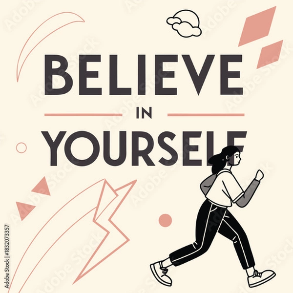 Obraz A motivational illustration featuring a running woman and the words believe in yourself