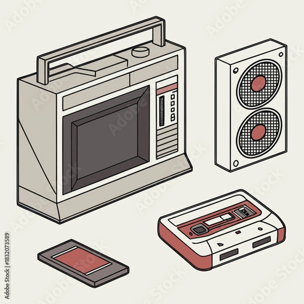 Obraz An illustrated depiction of a vintage boombox cassette tapes and audio devices
