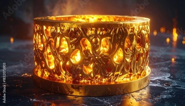 Obraz Intricate Golden Artifact Glowing with Intense Orange Firelight on a Dark Textured Surface with Sparks Flying Upward