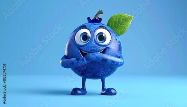 Obraz Joyful cartoon blueberry character with a leaf on its head smiling with hands crossed against a vibrant blue studio background with soft lighting