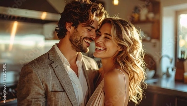 Obraz Joyful Couple Embraces Warmly Bathed in Soft Golden Light and Candle Glow Capturing Intimate Connection and Affection