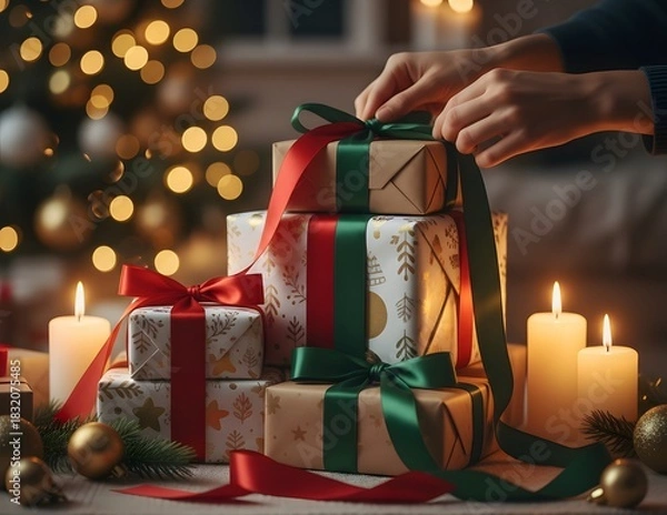Fototapeta Woman's hands carefully create a red bow on a holiday gift box, surrounded by festive green decor. Ideal for Christmas, winter, and present preparation themes with a warm dark bokeh background.