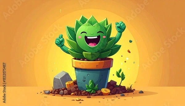 Obraz Joyful Pixel Art Succulent Plant in a Blue Pot Celebrates Victory with Arms Raised Against a Warm Gradient Background