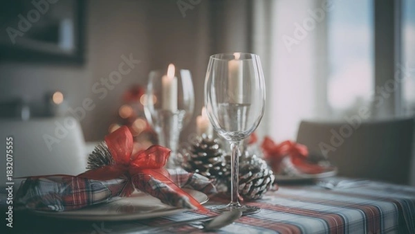 Fototapeta Elegant Christmas dinner table setting with wine glass, red ribbon bow, plaid napkin and soft candlelight bokeh, creating warm and festive holiday atmosphere in cozy dining room.