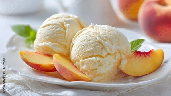 Fototapeta Creamy peach ice cream scoops served on a white plate with fresh peach slices and a mint leaf. A delicious, bright, and refreshing summer dessert for sweet food recipes and menus.