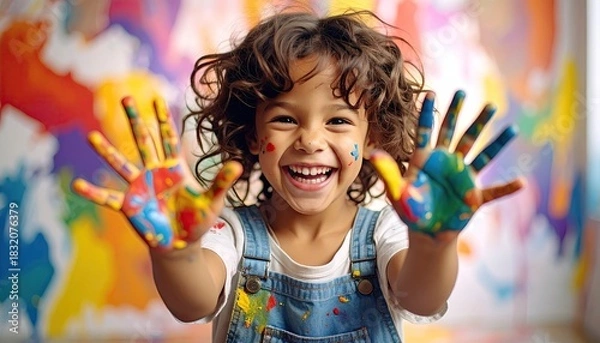 Obraz Joyful young child with colorful paint splattered hands smiling wide with a vibrant abstract art background wearing denim overalls in a studio setting with bright lighting