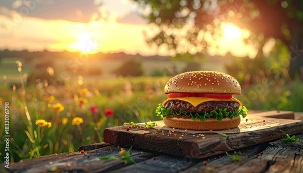Obraz Juicy Cheeseburger With Lettuce Tomato And Sesame Seed Bun Rests On Rustic Wooden Board In A Field Of Wildflowers During Golden Hour Sunset