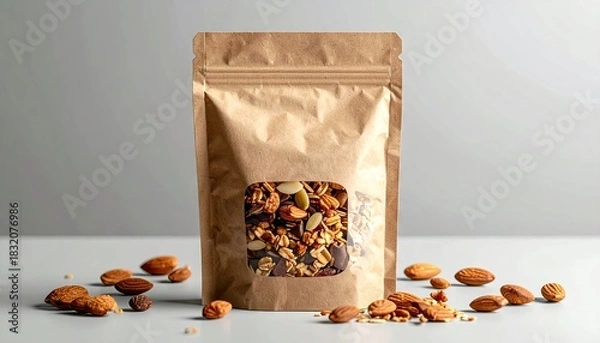 Obraz Kraft Paper Stand Up Pouch With Clear Window Displaying Nutritious Granola Mix Scattered On A Light Gray Surface With Almonds And Candied Nuts