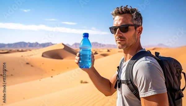 Obraz Man In Sunglasses Holds Blue Water Bottle In Arid Desert Landscape With Sand Dunes Under Clear Blue Sky