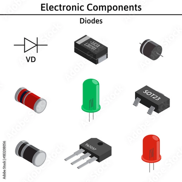 Obraz Vector set of izometric electronic components. Collection of diodes.