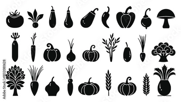 Fototapeta Black and white vector illustration of various vegetables and plants