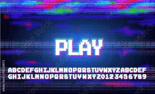 Fototapeta Vector play alphabet letters font phrase in pixel art style with screen glitch VHS effect. 80's and 90's style. Retro vintage TV screen. Gamer panel basic platform. Color half-shifted letters.