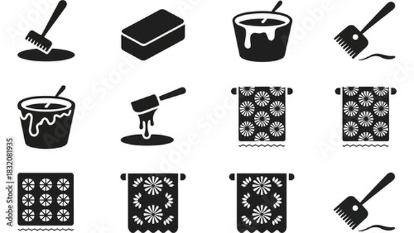 Fototapeta Black and white images of painting supplies and patterned towels icons