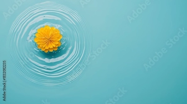 Fototapeta A vibrant yellow flower floats on calm turquoise water, creating gentle ripples that enhance the serene atmosphere.