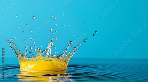Obraz A vibrant splash of water surrounds a yellow object, creating dynamic ripples against a bright blue background.