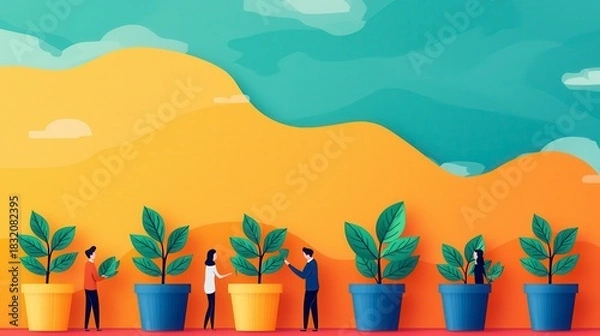 Fototapeta A vibrant illustration of people engaging with potted plants against a colorful backdrop, symbolizing growth and connection with nature.