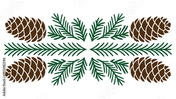 Fototapeta Symmetrical arrangement of pine cones and evergreen branches on white